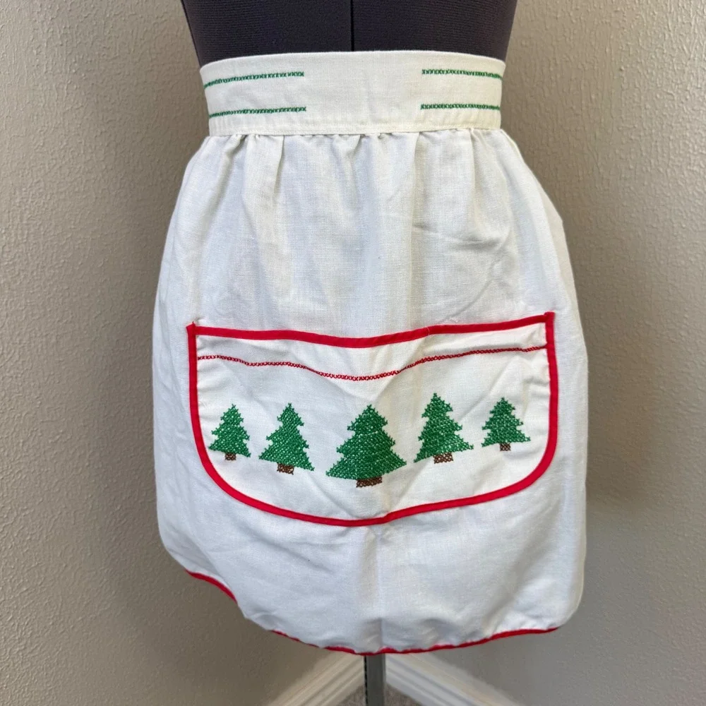 Vintage Christmas Tree Cross Stitch Half Apron White Red Green Holiday Hosting